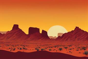 Woestijnzandlandschap met bergen en cactussilhouet op het wilde westen van Texas in platte cartoonstijl