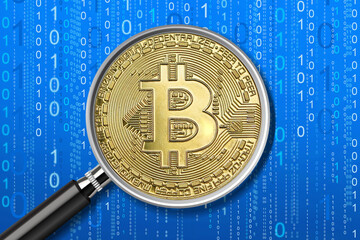 Magnifying glass focused of virtual currency bitcoin on binary code background. Concept of...