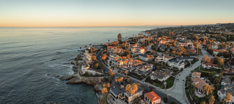 Sunrise over La Jolla, California. Drone shot. 