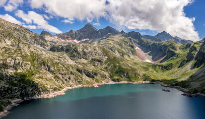 Aerial view at Lac d'Artouste in Pyrenees Orientals mountains in France 