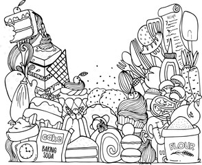 Cake and Cooking Doodle Coloring Page For Kids and Adult
