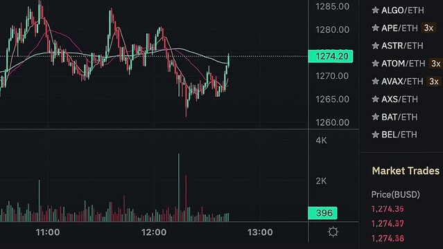 Cryptocurrency market candle chart price action. Computer screen close up