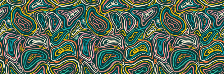 Obraz premium Grunge doodles pattern. Modern fabric design. Tribal ornament seamless pattern. Grunge ethnic background. Contemporary ornaments pattern. 80s, 90s clothes fabric. Boho hippie style.