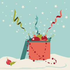 Open box with Christmas balls, xmas tree decorations, garland stands on snow with flying star, serpentine.  Flat vector illustration on color background.