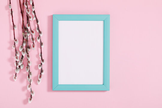 Beautiful flowers composition. Spring background. Photo frame, branches willows on pastel pink background. Valentines Day, Easter, Happy Women's Day, Mother's day background. Flat lay, top view, copy 