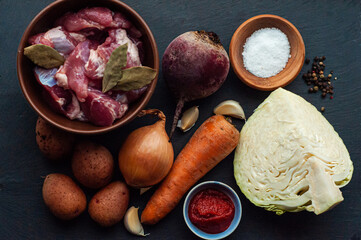 national Ukrainian dish, recipe ingredients for traditional red borscht with meat, cabbage, beets, lard onions and garlic, food of countries of the world, gastro tourism, culture of Ukraine