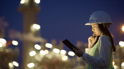 Industrial engineer using digital tablet for work at electrical power plant.
