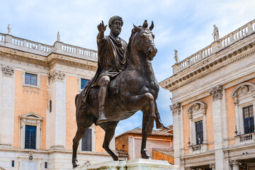 Fototapeta na wymiar Rome, Lazio, Italy: Replica f the Equestrian Statue of Marcus Aurelius, bronze statue of roman emperor; ancient roman statue on the Capitoline Hill