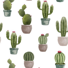 vector cactus in a pot seamless pattern, cactus illustration in watercolor style