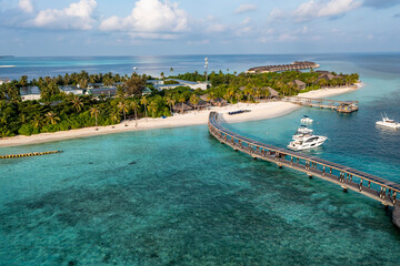 Aerial view, Hurawalhi Island resort with beaches and water bungalows,  North Male Atoll, Maldives,...