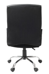 back view of black leather office chair isolated on white with clipping path