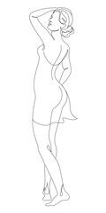 Silhouette of a woman in a modern continuous line style. The girl is slim and beautiful. Lady suitable for aesthetic decor, posters, stickers, logo. Vector illustration.