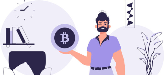 The concept of mining and extraction of bitcoin. A man holds a bitcoin coin in his hands. Character in trendy style.