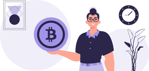 The concept of mining and extraction of bitcoin. A man holds a bitcoin in the form of a coin in his hands. Character in modern trendy style.