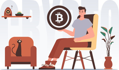 Cryptocurrency concept. The guy sits in a chair and holds a bitcoin in his hands. Character with a modern style.