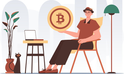 The concept of mining and extraction of bitcoin. The guy sits in a chair and holds a bitcoin in his hands. Character in trendy style.