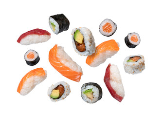 maki sushi falling isolated on white background © Miquel