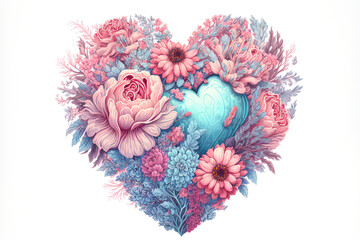 Valentine, heart with kind of guimauve flowers and blossoms, pastel porcelain colors in ice blue purple and light rose, illustration, digital, greeting card