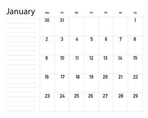 January 2023 calendar planner with to-do list and place for notes in black and white design.