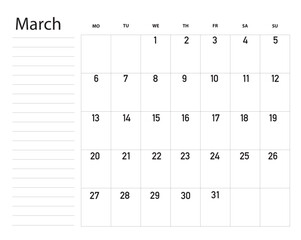 Simple calendar organizer 2023 grid with lettering month name March.