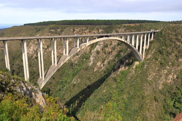Beautiful view of the Bloukrans River Bridge on the Garden Route in South Africa. The highest bungee-jumping point in the world