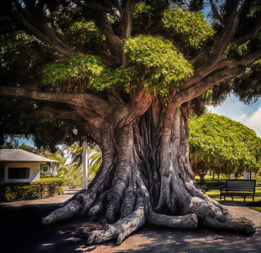 A huge banyan tree with a massive trunk and large roots.
