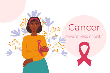 A woman with a pink ribbon on her chest is a symbol of the fight against breast cancer. Cancer prevention concept. Flat vector illustration.