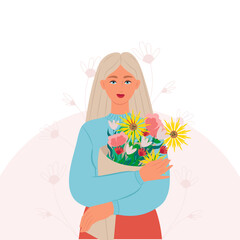 A young blonde woman with a bouquet of flowers in her hands. Vector illustration in flat style.