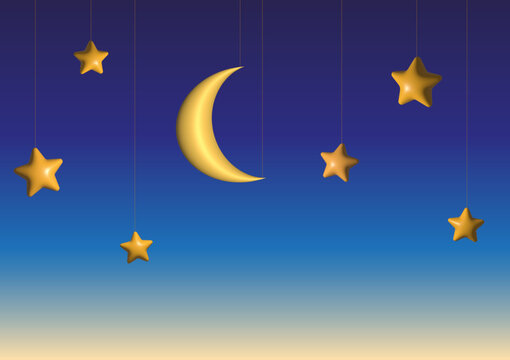 Young Moon And Yellow Stars On Night Blue Sky Background. Good Night And Sweet Dreams Concept Vector 3d Illustration