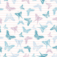 Flying butterfly silhouettes over striped background vector seamless pattern.