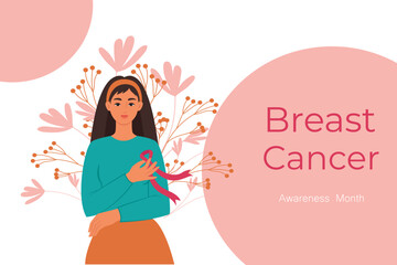 A woman with a pink ribbon on her chest is a symbol of the fight against breast cancer. Cancer prevention concept. Flat vector illustration.