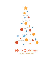 Abstract  Christmas tree with balls and star on white background. Beautiful element for your New Year background. Decorative elenemnt, poster, cards, print.