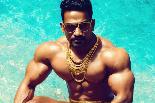 Indian men bodybuilder wearing golden speedo with gold jewelry