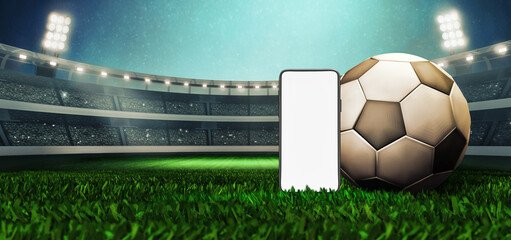 Football stadium, bet 3D rendering concept, template. A low angle view, sports gambling background, with an empty screen phone, ideal for your app UI, game scores etc.