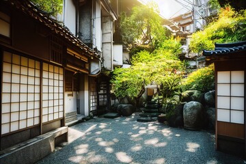 A fresh and laid-back Japanese residential alley, Japanese stone piers, vegetation and nuts
