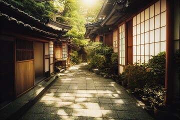 A fresh and laid-back Japanese residential alley, Japanese stone piers, vegetation and nuts