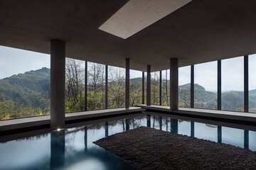 Industrial Contemporary mansion with sleek led light design, Luxury contemporary interior design, located on a mountain cliff with waterfalls and boulders, bright sunny day