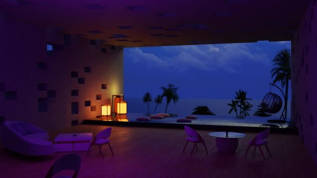 DEFOCUSED LOOPED TROPICAL RESTAURANT BACKGROUND animation for live streaming and interviews.