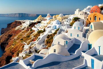 Santorini residential homes, boxy and rounded, white during sun rise, fat cactus, sea and mountains in the background