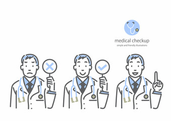 若い男性医師のイラストセット　アバター　アイコン　シンプルでお洒落な線画イラスト