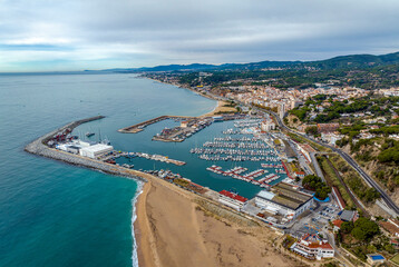 Aerial panoramic view of Arenys de Mar city at dawn.  Barcelona, Spain.