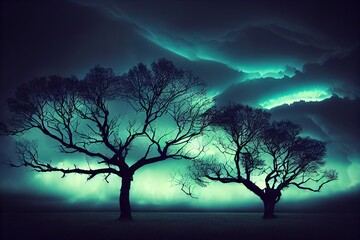 Obraz na płótnie Canvas stormy night, darkness, dark clouds, black, cyan, bioluminescent glowing tree