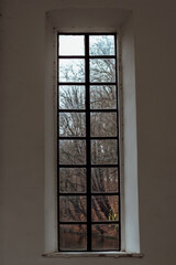 Part of the decoration of the facade of the building and the material from which it is built;  
a tall window behind which one can see an autumn landscape