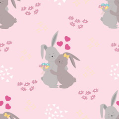 Valentines seamless pattern with rabbits. Cute Valentines day background, wallpaper, wrapping. Vector invitation. 