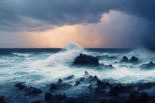 Big waves crashing on rocks