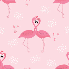 Flamingos couple seamless pattern. Pink background for Valentines day. Vector illustration