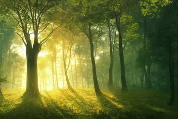Ultra realistic tree with green beech leaves, stunning forests in the background, sunrise light