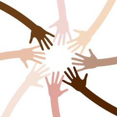 Multiethnic hands in circle - teamwork symbol - vector