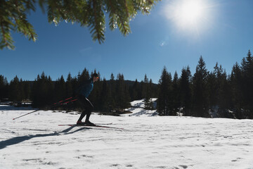 Nordic skiing or Cross-country skiing classic technique practiced by man in a beautiful panoramic trail at morning.