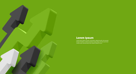 Business banner green background with 3d render arrows pointing up of different shapes composition